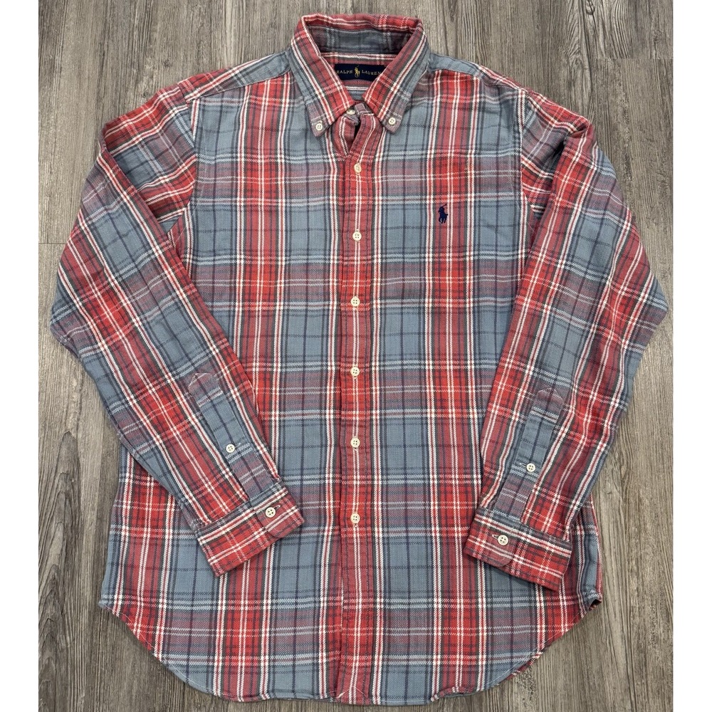 Polo Ralph Lauren Mens M Flannel Shirt Red Gray Plaid Pony Cotton Button Down